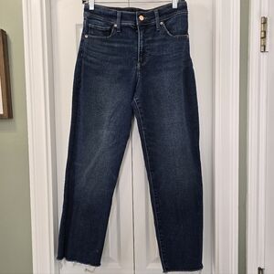 Express Straight Ankle High Rise Jeans Womens Size 2R Dark Wash Raw Hem